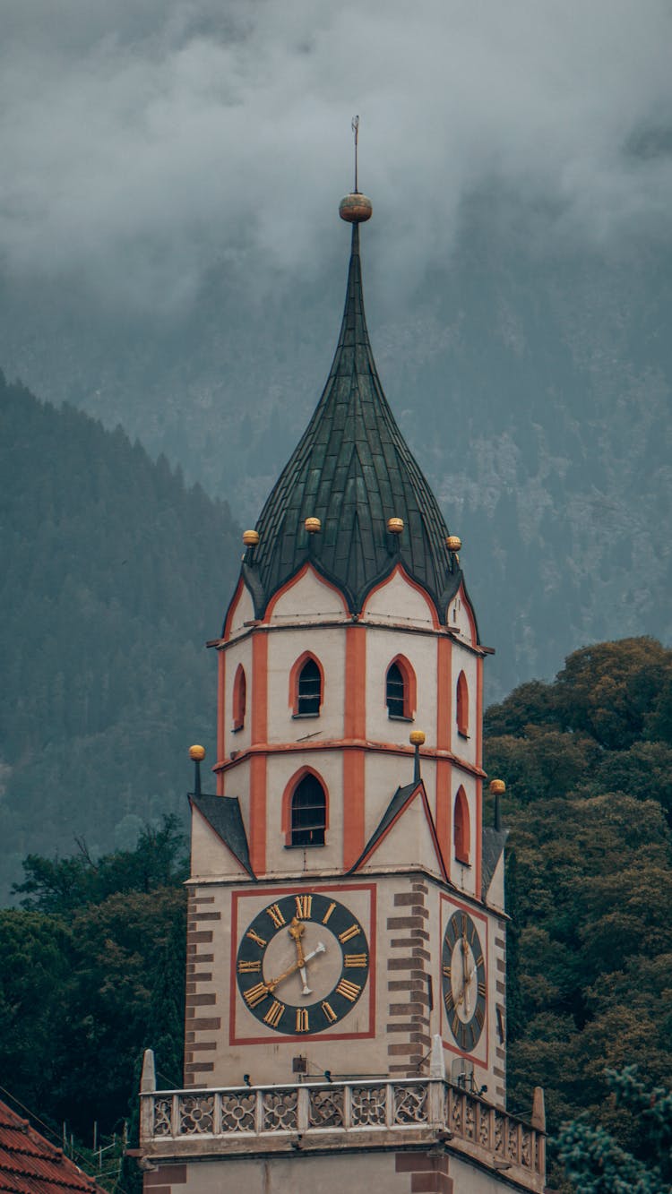 Ancient Church Tower On Green Mountains Landscape