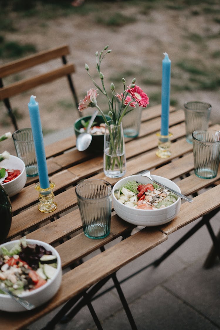 Healthy Breakfast In Bowls On Table