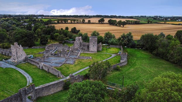 Discover the scenic ruins of Kells Priory in County Kilkenny, Ireland, captured via drone.