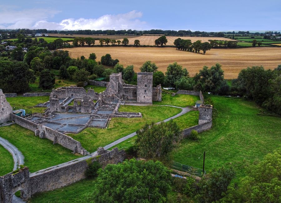 Discover the scenic ruins of Kells Priory in County Kilkenny, Ireland, captured via drone.