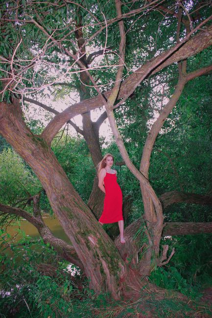 A woman in a red dress stands barefoot among lush forest branches, embodying freedom.