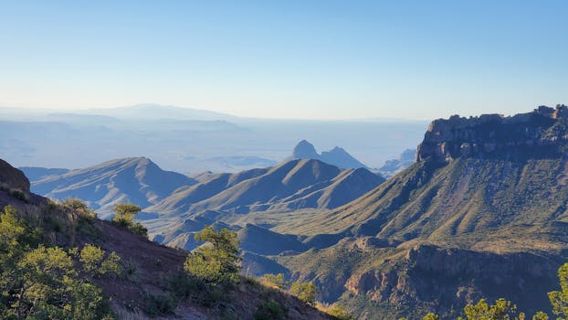 A breathtaking view of the rugged mountains and valleys in Big Bend National Park at sunset.
