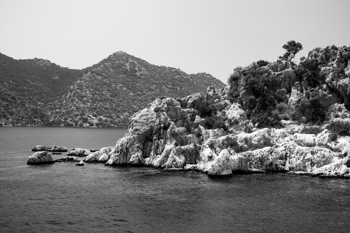 Grayscale Photo of Rocky Coast