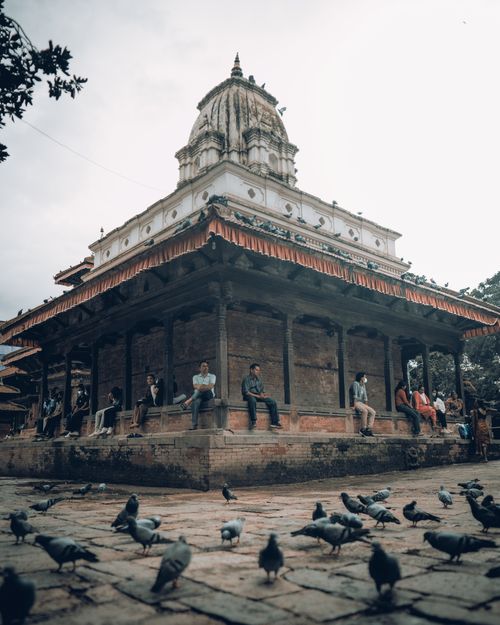 Free Captivating scene of people and pigeons around a historic temple in Kathmandu, Nepal. Stock Photo