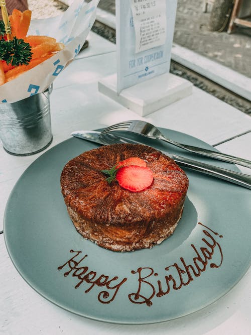 Chocolate Cake on Blue Ceramic Plate