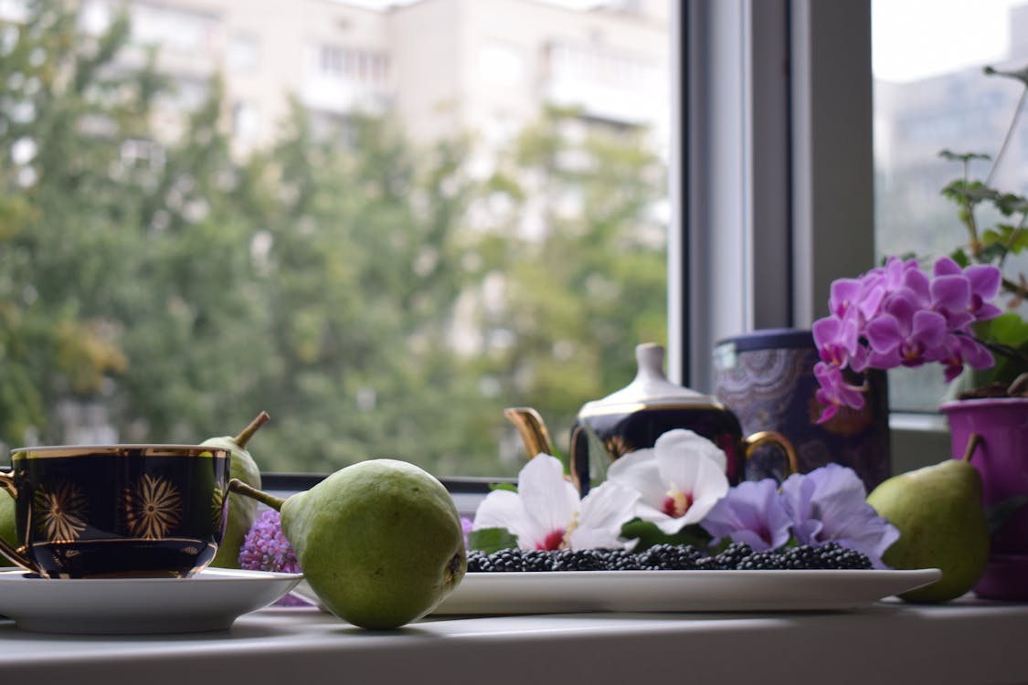 Pears and Blackberries on Window Sill