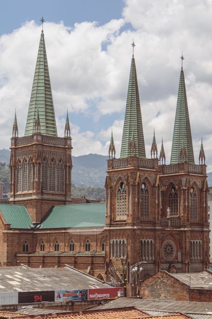 Stunning Gothic cathedral with spires in Medellín, Antioquia, Colombia on a sunny day.