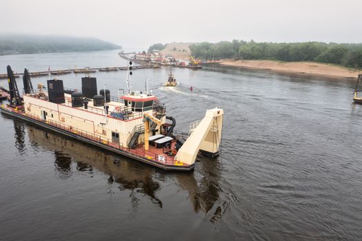 Drone Shot of a Dredging Vessel on Body of Water