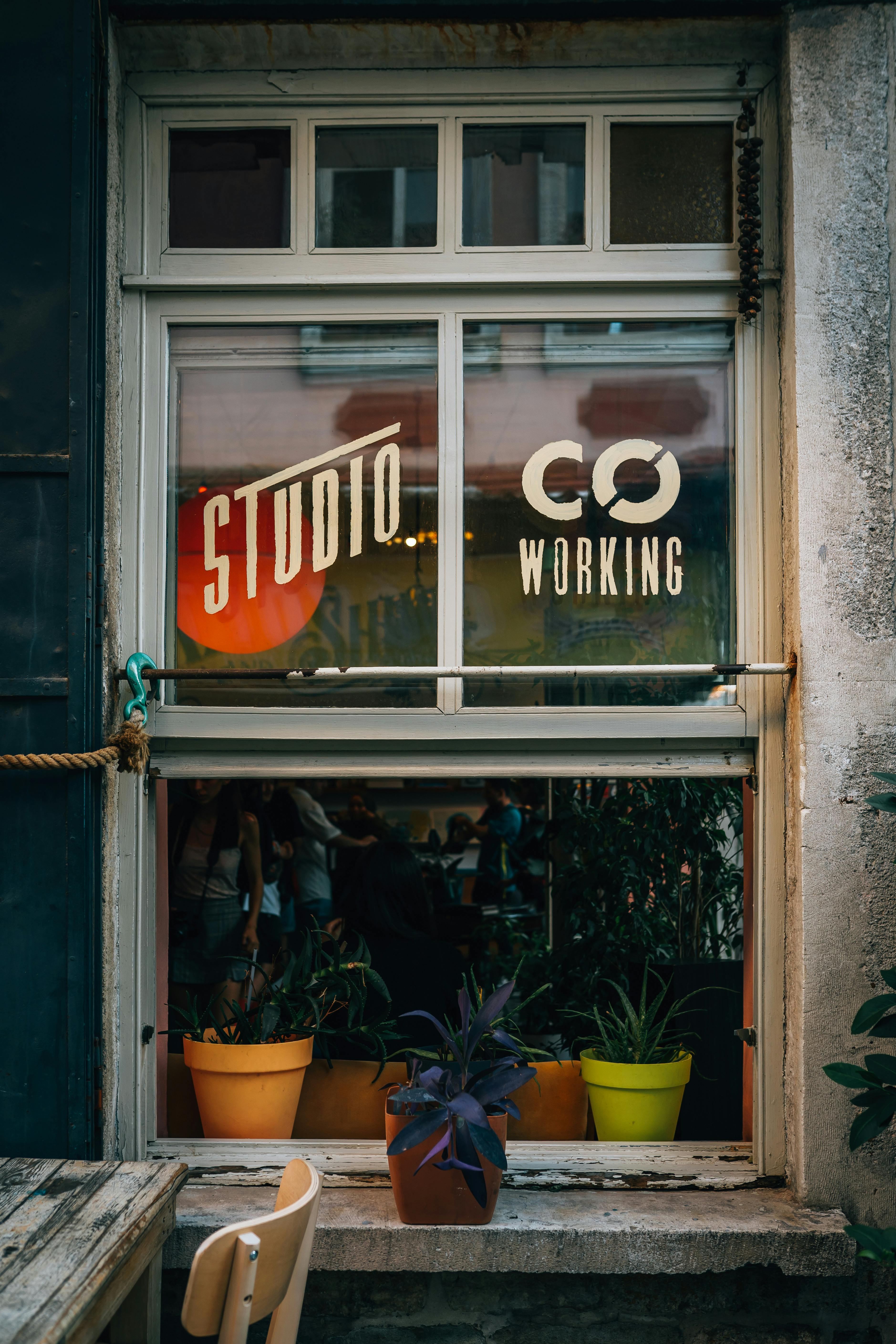 Charming studio window with potted plants at a co-working space in İstanbul, Turkey.