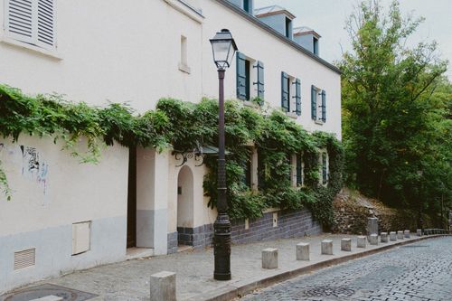 Free A picturesque urban scene with an ivy-draped house along a cobblestone street and classic streetlamp. Stock Photo