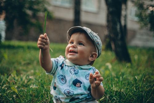 Free Cute baby in a patterned shirt and cap playing with a blade of grass in a sunny outdoor setting. Stock Photo