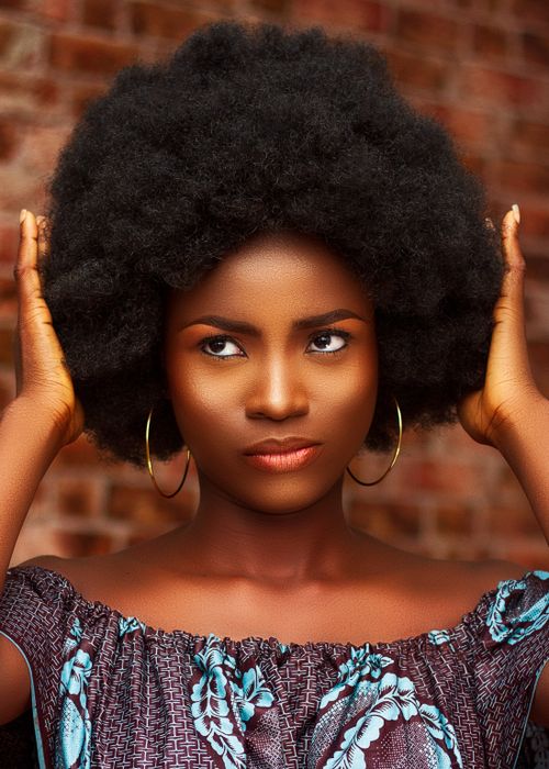 Free Striking portrait of a woman with afro hair, hands in hair, gold earrings, Nigerian style. Stock Photo