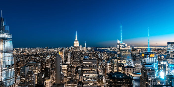 A breathtaking view of New York City's skyline illuminated at night.