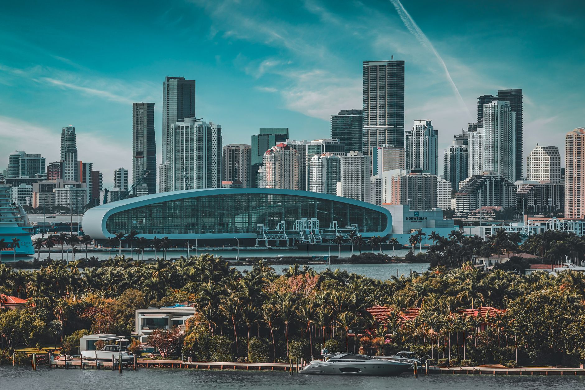 Aerial view of Miami skyline and Biscayne Bay waterfront at sunset
