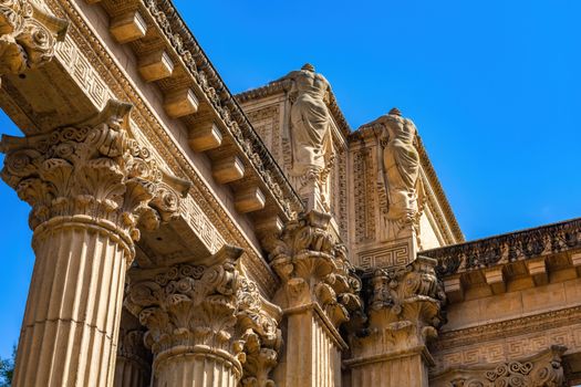 Intricate Corinthian columns and sculptures at the Palace of Fine Arts, San Francisco.