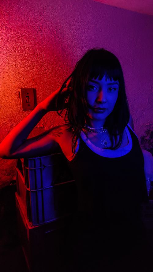 Free Artistic portrait of a woman with neon red and blue lighting, featuring dramatic shadows. Stock Photo