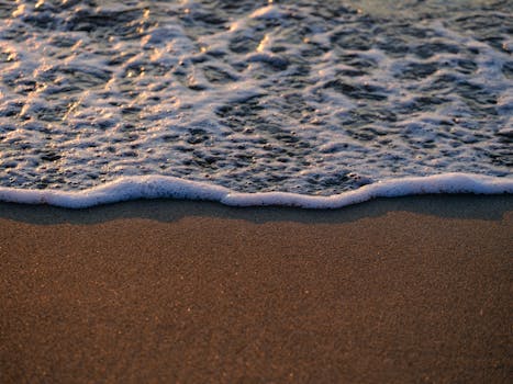 Close-up of a sandy shoreline with seafoam gently washing ashore at sunset.