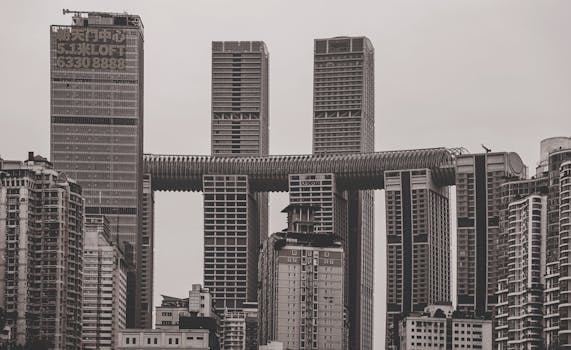 Black and white image of towering skyscrapers showcasing modern architecture in a bustling cityscape.