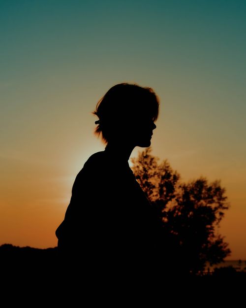 Free A serene silhouette of a person against a vibrant sunset in Saint Petersburg, Russia. Stock Photo