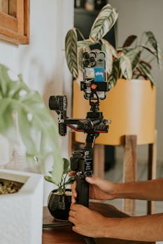 Close-up of hands adjusting smartphone on gimbal indoors, beside potted plants.