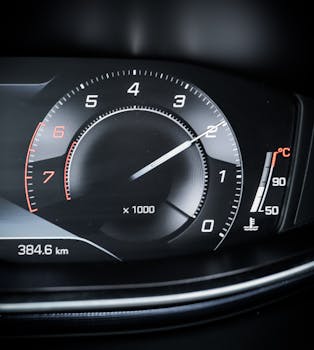Close-up shot of a car tachometer showing RPM and temperature gauge. Perfect for automotive-themed wallpaper.