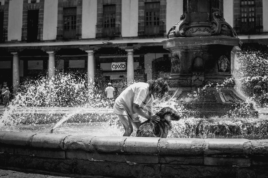Black and white image of a person and dog enjoying a moment by a fountain.