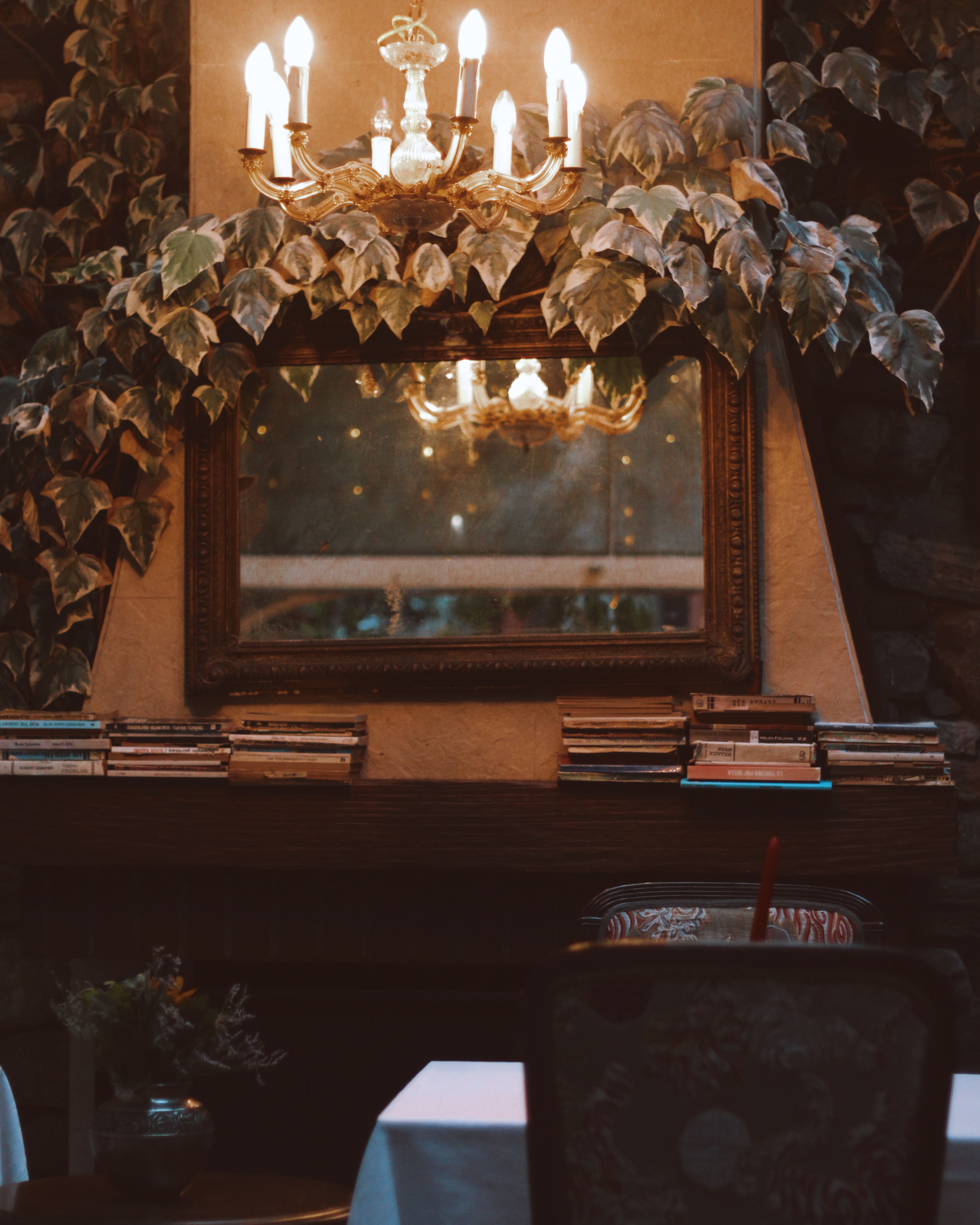 A cozy vintage interior featuring a chandelier, mirror reflection, and decorative vines for a classic look.