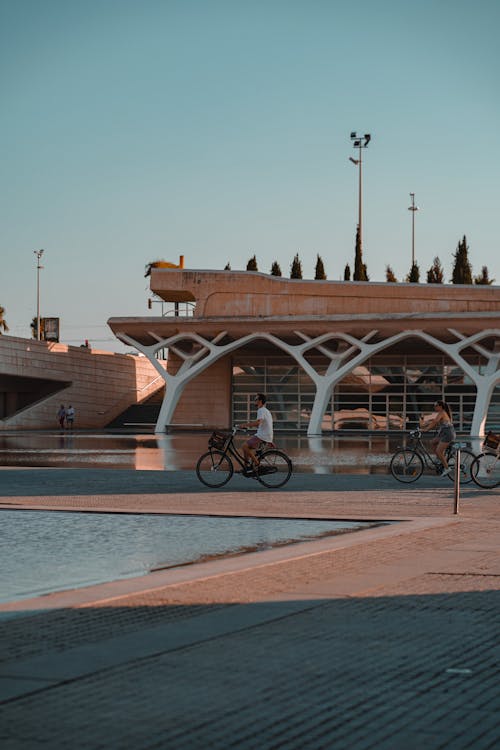 People Riding Bicycles on Concrete Pavement