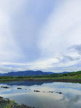 Peaceful lake with mountain reflections and a cloudy sky, offering a serene nature view.