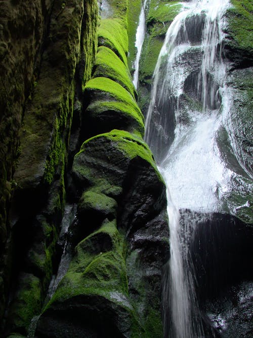 Cascading Waterfalls on Moss Covered Rocks