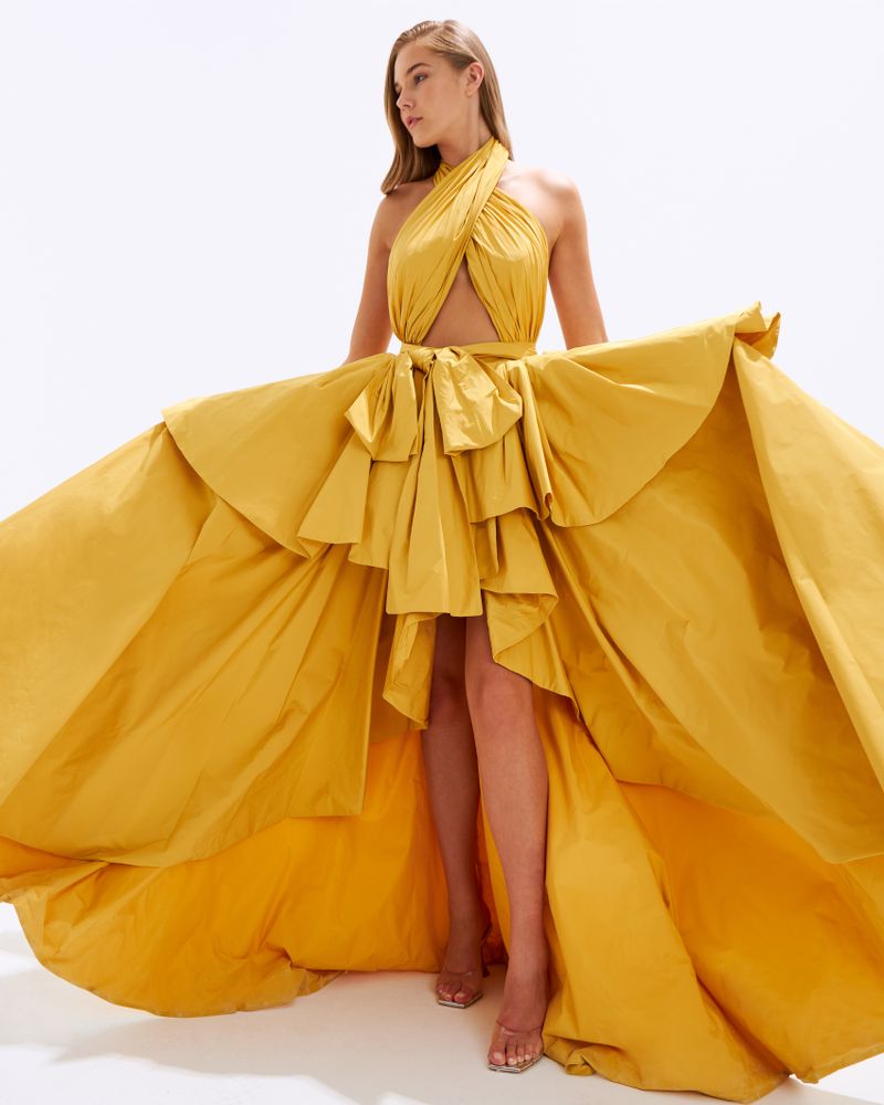 Woman in a luxury evening dress posing in a studio