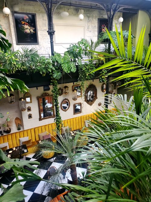 Free A vibrant courtyard featuring lush greenery, stylish decor, and ample seating. Stock Photo