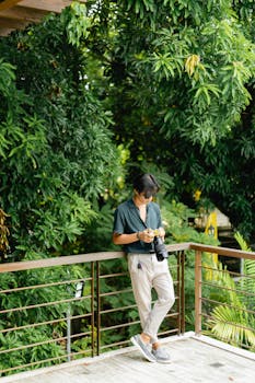 Casual young man with camera on balcony surrounded by lush greenery.