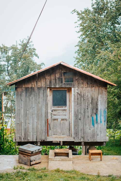 Free Charming wooden hut with a rustic door in a lush outdoor setting, perfect for travel inspiration. Stock Photo