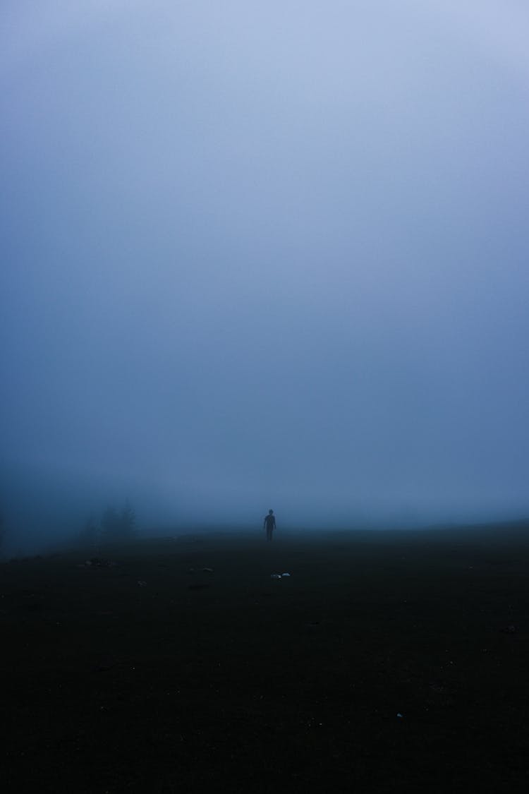 Silhouette Of A Person On An Extremely Foggy Field