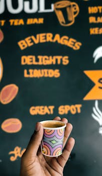 Hand holding a colorful coffee cup in front of vibrant cafe signage, perfect for beverage-themed content.