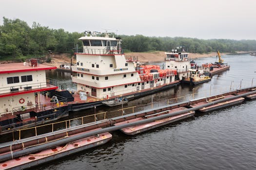 Several tugboats and barges on a river in Trevino, WI, showcasing industrial water transportation.