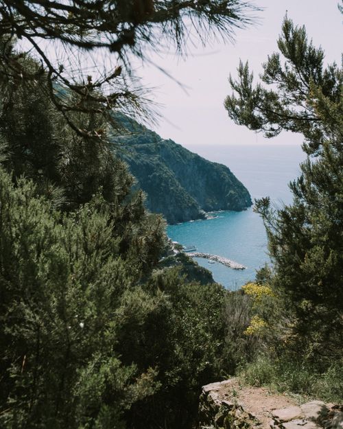 Free Beautiful view of Ligurian sea and cliffs framed by lush trees in Levanto, Italy. Stock Photo