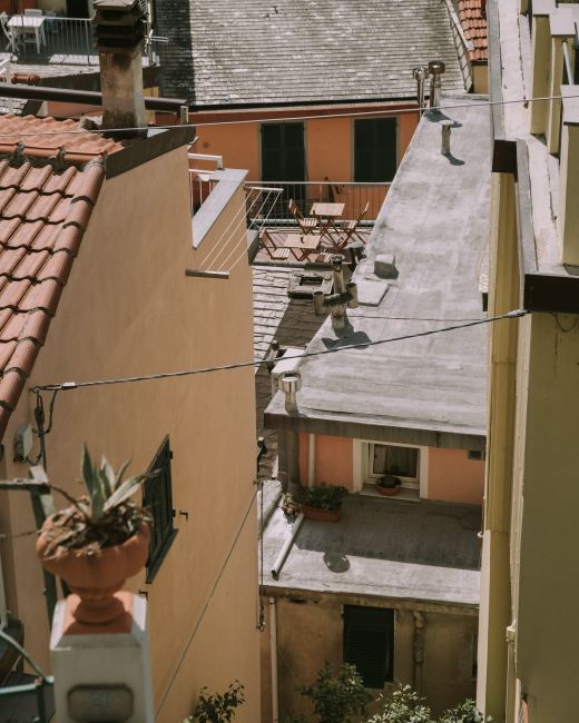 High-angle view of Mediterranean-style rooftops with potted plants and electric wires in a sunny setting.