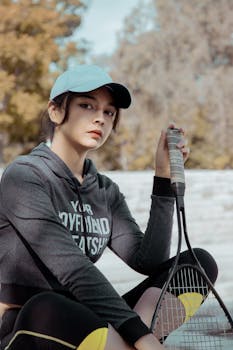 Confident young woman holding a tennis racket outdoors in casual sportswear and cap.