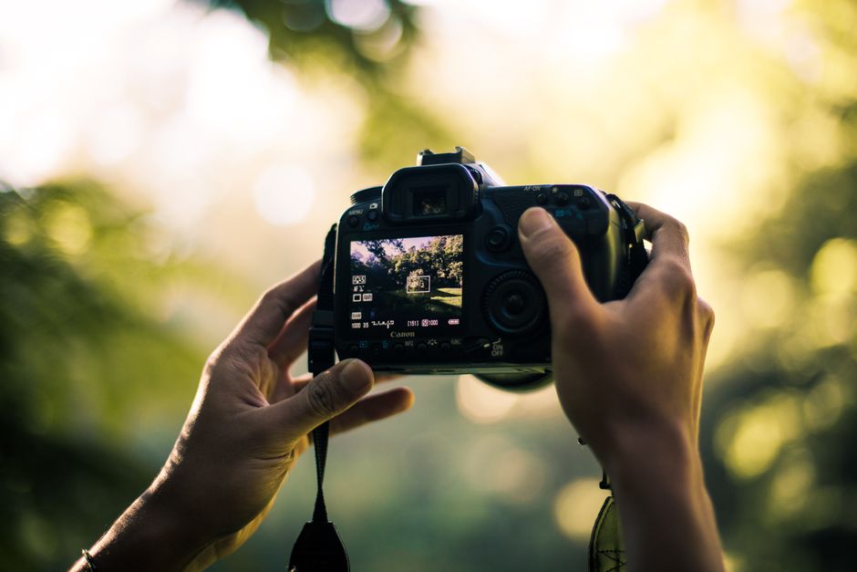 Close-up of hands holding a DSLR camera capturing a scenic outdoor view.