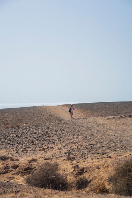 A lone traveler walks across a vast, arid desert under a clear blue sky.