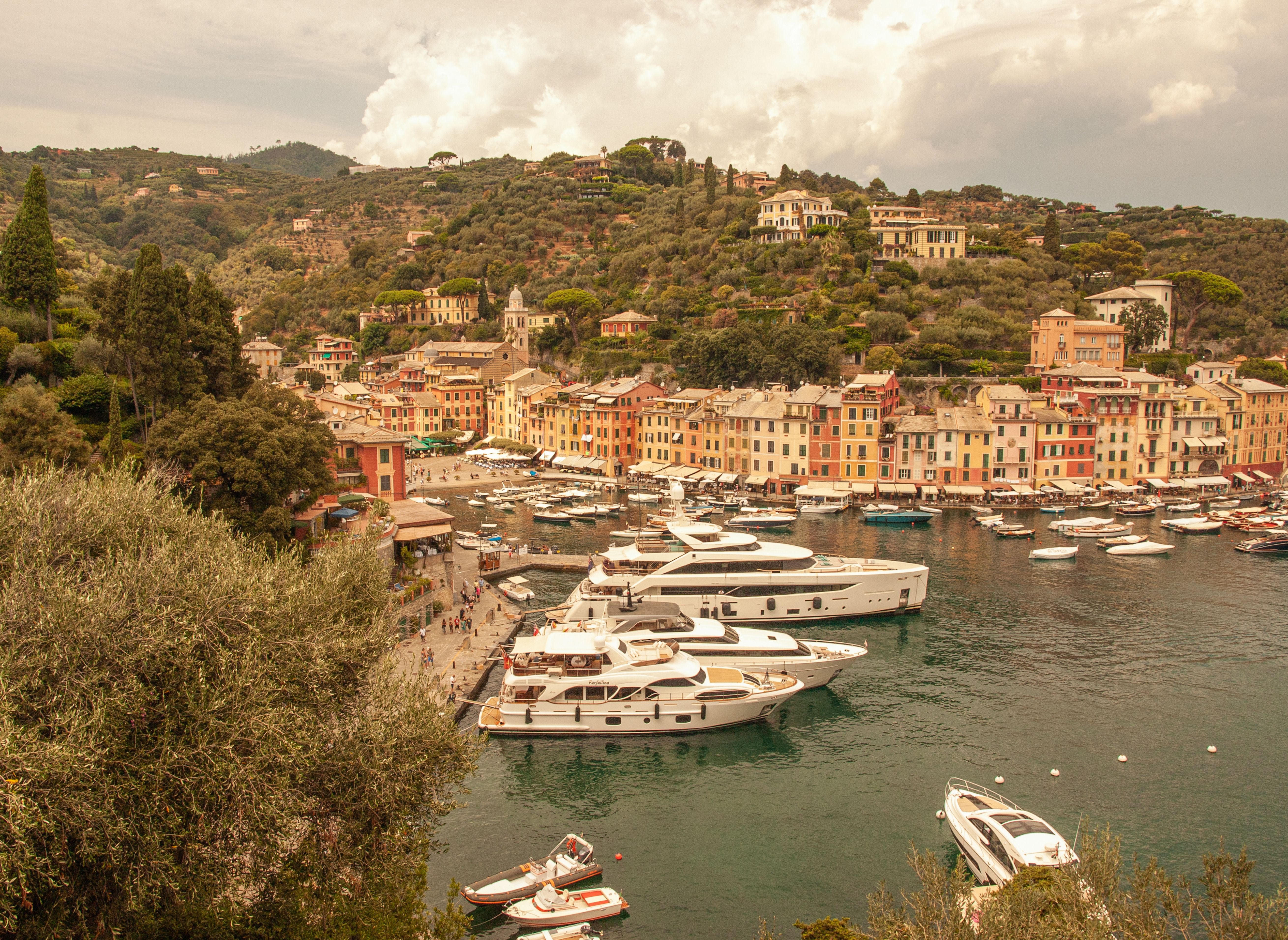 Coastal harbour with moored boats and hillside houses, photo by Simeon Stoilov on Pexels
