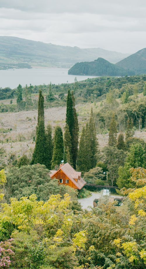 Free Aerial view of a cabin nestled amidst trees with a lake and mountain backdrop. Stock Photo