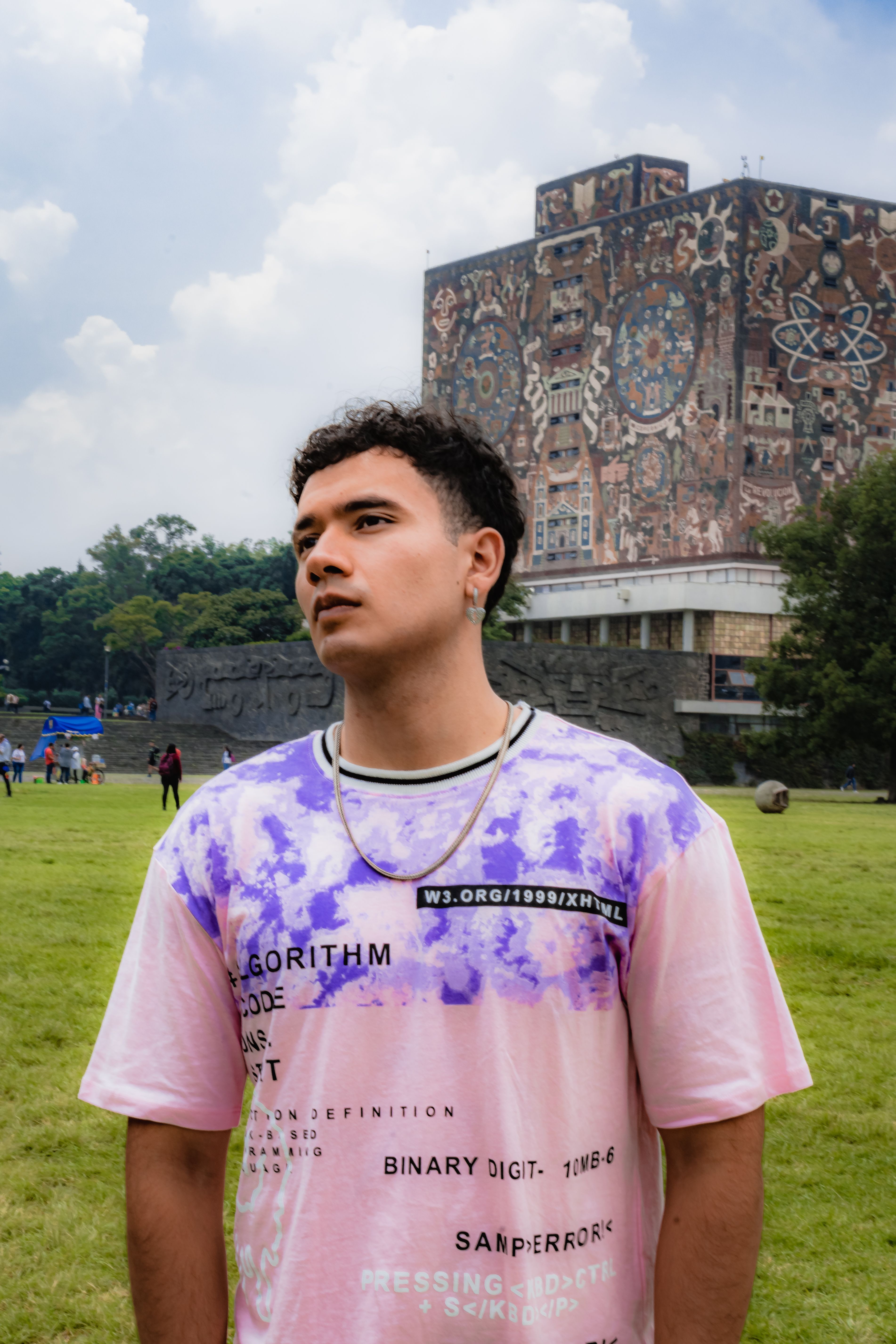 A young man in a T-shirt stands thoughtfully in front of a university mural.