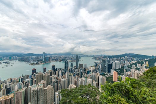 A breathtaking aerial panorama of Hong Kong's iconic skyline with towering skyscrapers and Victoria Harbour.