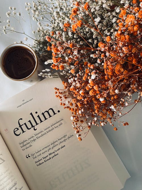 Brown and White Flowers Beside a Book 