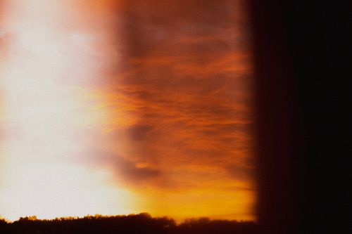 Free Dramatic orange and yellow sunset sky with tree silhouettes, perfect for nature themes. Stock Photo