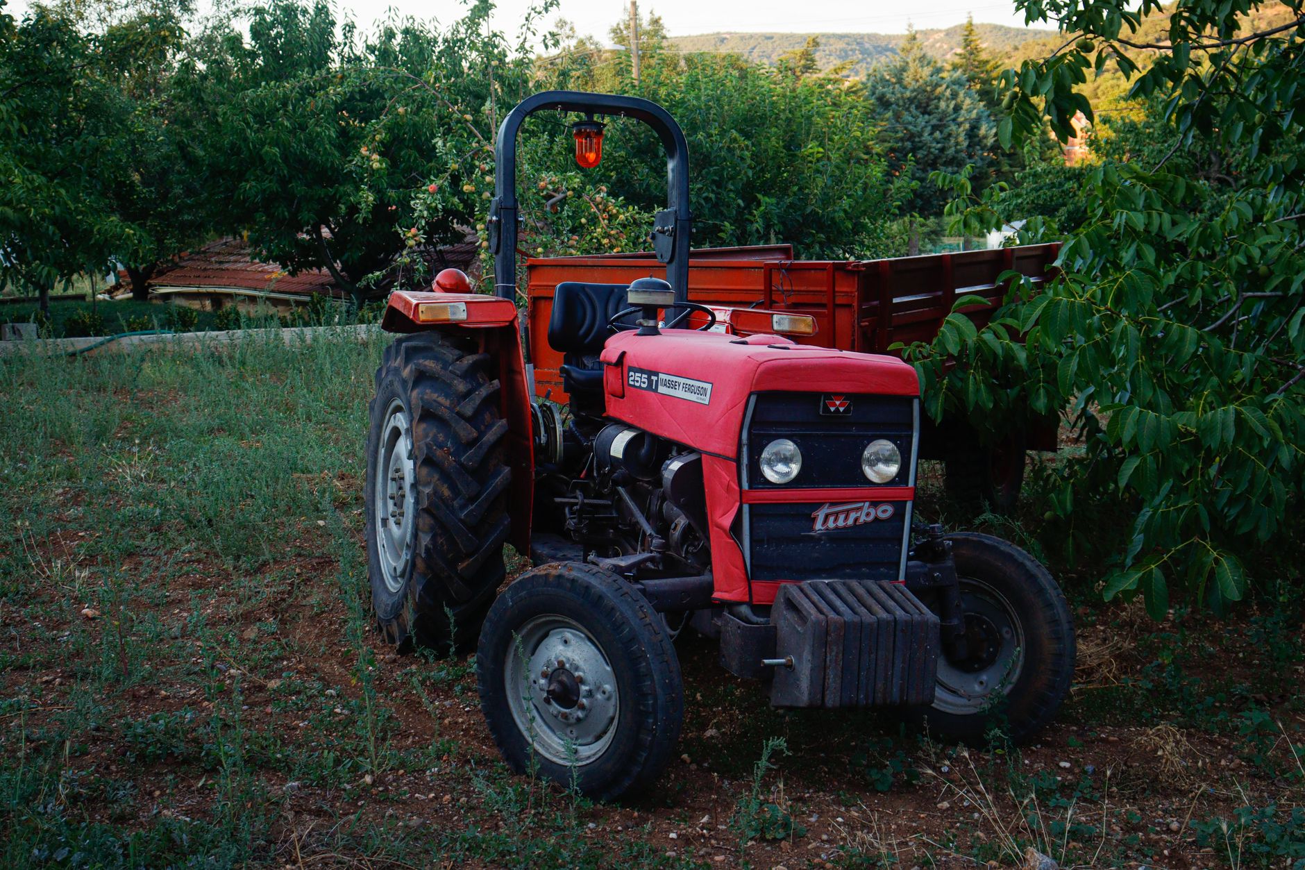 A red tractor parked in a lush, green field in Kozluca, Isparta, Türkiye.