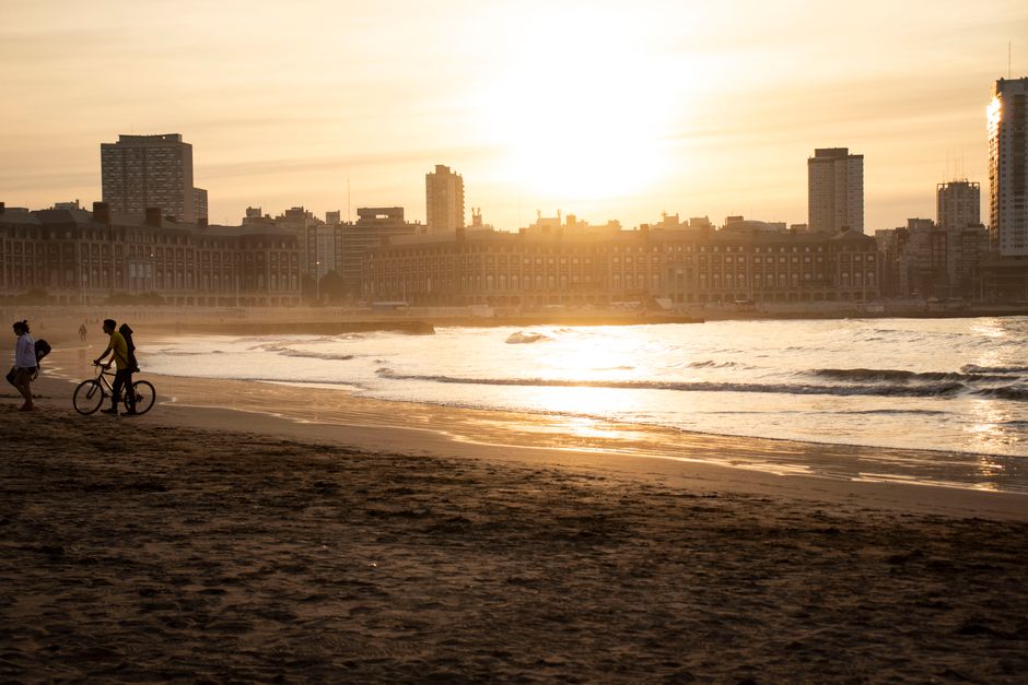 Captivating sunset over Mar del Plata's beach and skyline, Argentina